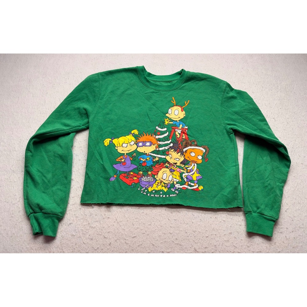 Nickelodeon Rugrats Christmas Cropped Sweatshirt Green Graphic Fleece Medium